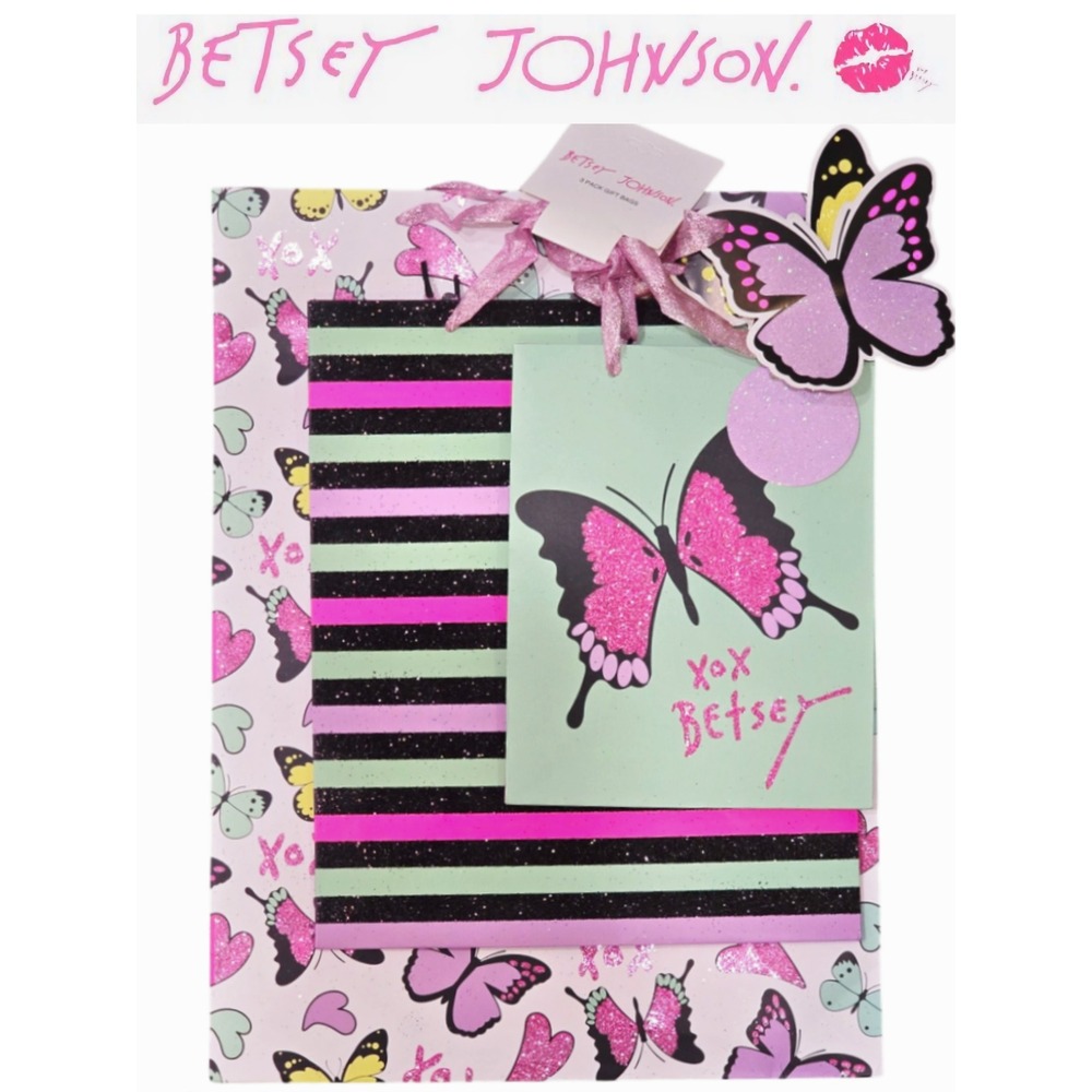 Betsey Johnson XOX Butterflies & Striped 3-PC Gift Bag & Tag Set